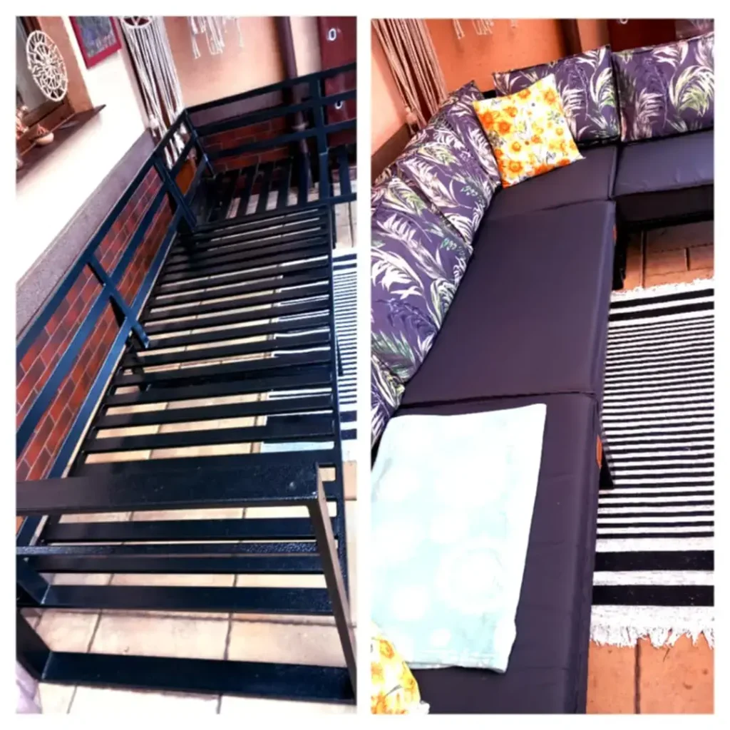 Porównanie narożnika ogrodowego przed i po metamorfozie: po lewej metalowy stelaż bez poduszek, po prawej gotowy kącik wypoczynkowy z ciemnymi siedziskami i poduszkami w tropikalny wzór liści oraz ozdobną żółtą poduszką